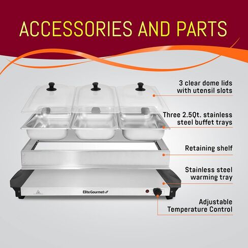 Elite Gourmet EWM-6171 Triple 3 x 2.5 Qt. Trays, Buffet Server, Food Warmer Temperature Control, Clear Slotted Lids, Perfect for Parties, Entertaining & Holidays, 7.5 Qt Total, Stainless Steel in Saudi Arabia