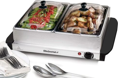 Elite Gourmet EWM-6171 Triple 3 x 2.5 Qt. صواني، خادم بوفيه، تحكم في درجة حرارة سخان الطعام، أغطية مشقوقة شفافة، مثالية للحفلات والترفيه والعطلات، إجمالي 7.5 لتر، من الفولاذ المقاوم للصدأ in Kuwait