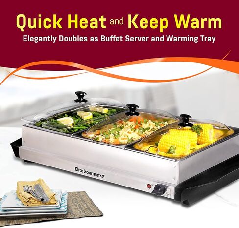 Elite Gourmet EWM-6171 Triple 3 x 2.5 Qt. Trays, Buffet Server, Food Warmer Temperature Control, Clear Slotted Lids, Perfect for Parties, Entertaining & Holidays, 7.5 Qt Total, Stainless Steel in Saudi Arabia