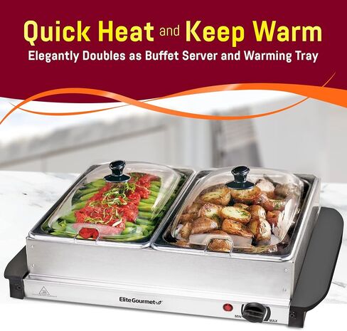 Elite Gourmet EWM-6171 Triple 3 x 2.5 Qt. صواني، خادم بوفيه، تحكم في درجة حرارة سخان الطعام، أغطية مشقوقة شفافة، مثالية للحفلات والترفيه والعطلات، إجمالي 7.5 لتر، من الفولاذ المقاوم للصدأ in Kuwait