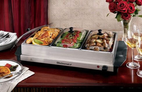 Elite Gourmet EWM-6171 Triple 3 x 2.5 Qt. Trays, Buffet Server, Food Warmer Temperature Control, Clear Slotted Lids, Perfect for Parties, Entertaining & Holidays, 7.5 Qt Total, Stainless Steel in Saudi Arabia