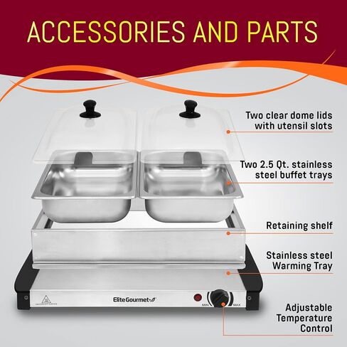 Elite Gourmet EWM-6171 Triple 3 x 2.5 Qt. صواني، خادم بوفيه، تحكم في درجة حرارة سخان الطعام، أغطية مشقوقة شفافة، مثالية للحفلات والترفيه والعطلات، إجمالي 7.5 لتر، من الفولاذ المقاوم للصدأ in Kuwait