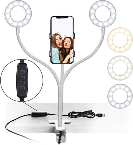 حلقة إضاءة Aduro U-Stream Selfie Ring مع حامل، وأضواء حلقية مزدوجة مزدوجة مع حامل ذراع مرن للهاتف ذو رقبة معقوفة لهواتف iPhone وAndroid باللون الأبيض in Saudi Arabia