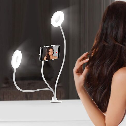 حلقة إضاءة Aduro U-Stream Selfie Ring مع حامل، وأضواء حلقية مزدوجة مزدوجة مع حامل ذراع مرن للهاتف ذو رقبة معقوفة لهواتف iPhone وAndroid باللون الأبيض in Saudi Arabia