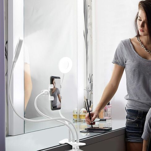 حلقة إضاءة Aduro U-Stream Selfie Ring مع حامل، وأضواء حلقية مزدوجة مزدوجة مع حامل ذراع مرن للهاتف ذو رقبة معقوفة لهواتف iPhone وAndroid باللون الأبيض in Saudi Arabia