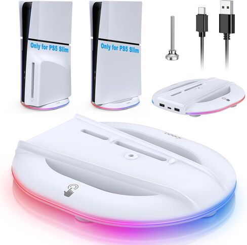 حامل رأسي FASTSNAIL 2023 مع ضوء RGB فقط لوحدة التحكم PS5 Slim، ومحطة قاعدة LED مع 14 وضعًا للضوء ومنفذي USB ومسمار، بديل لإصدار Playstation 5 Slim الرقمي/القرص in Kuwait