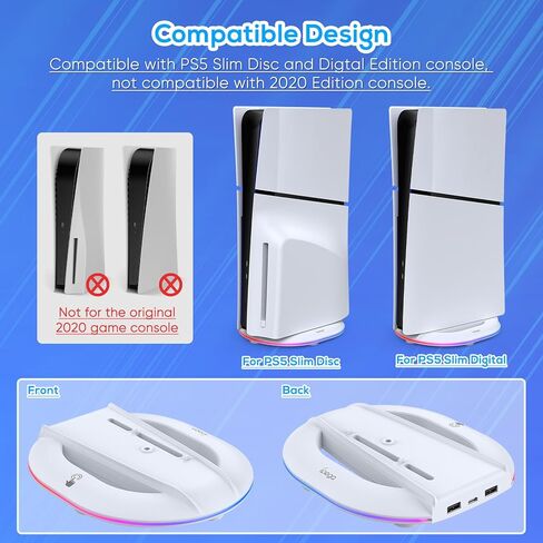 حامل رأسي FASTSNAIL 2023 مع ضوء RGB فقط لوحدة التحكم PS5 Slim، ومحطة قاعدة LED مع 14 وضعًا للضوء ومنفذي USB ومسمار، بديل لإصدار Playstation 5 Slim الرقمي/القرص in Kuwait