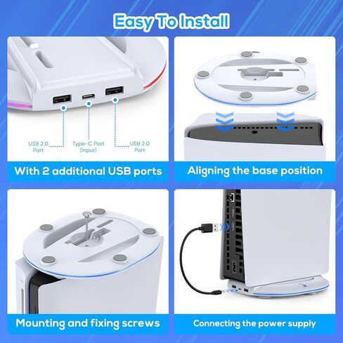 حامل رأسي FASTSNAIL 2023 مع ضوء RGB فقط لوحدة التحكم PS5 Slim، ومحطة قاعدة LED مع 14 وضعًا للضوء ومنفذي USB ومسمار، بديل لإصدار Playstation 5 Slim الرقمي/القرص in Kuwait