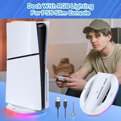 حامل رأسي FASTSNAIL 2023 مع ضوء RGB فقط لوحدة التحكم PS5 Slim، ومحطة قاعدة LED مع 14 وضعًا للضوء ومنفذي USB ومسمار، بديل لإصدار Playstation 5 Slim الرقمي/القرص in Kuwait