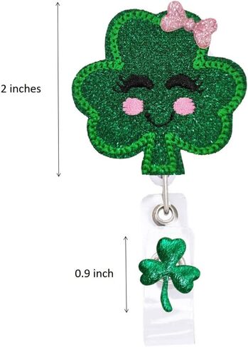 St Patrick's Day Badge Reel, Sparkle glitter Clover Badge Reel, Retractable Name Card Badge Holder Reel with Alligator Clip, 24 inches Thick Pull Cord in Saudi Arabia