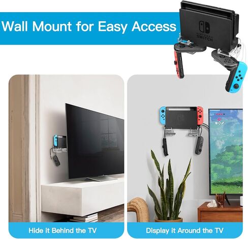 CaSZLUTION Wall Mount for Nintendo Switch and Switch OLED, 1 Pair Acrylic Switch Wall Mount Kit Shelf Stand with 2 Joy Con Hanger, Safely Store Switch Console Near or Behind TV - Clear in Saudi Arabia