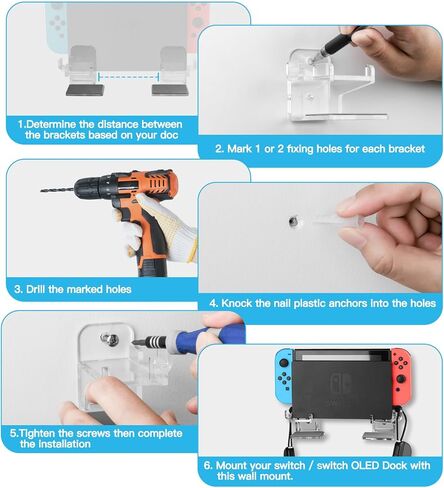 CaSZLUTION Wall Mount for Nintendo Switch and Switch OLED, 1 Pair Acrylic Switch Wall Mount Kit Shelf Stand with 2 Joy Con Hanger, Safely Store Switch Console Near or Behind TV - Clear in Saudi Arabia