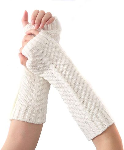 QUUPY 1 Pair Women Fingerless Thumbhole Gloves Knitted Warm Mittens Crochet Half Elbow Stretchy Arm Warmer White 30cm/11.8inch in Saudi Arabia