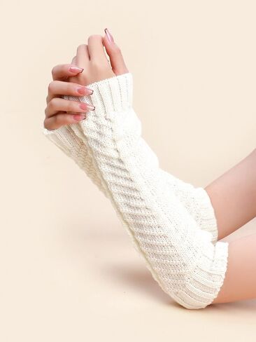 QUUPY 1 Pair Women Fingerless Thumbhole Gloves Knitted Warm Mittens Crochet Half Elbow Stretchy Arm Warmer White 30cm/11.8inch in Saudi Arabia