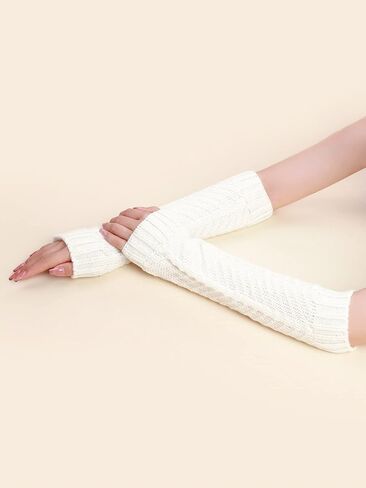 QUUPY 1 Pair Women Fingerless Thumbhole Gloves Knitted Warm Mittens Crochet Half Elbow Stretchy Arm Warmer White 30cm/11.8inch in Saudi Arabia