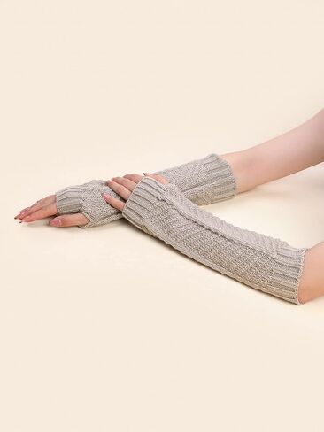 QUUPY 1 Pair Women Fingerless Thumbhole Gloves Knitted Warm Mittens Crochet Half Elbow Stretchy Arm Warmer White 30cm/11.8inch in Saudi Arabia