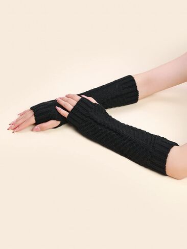 QUUPY 1 Pair Women Fingerless Thumbhole Gloves Knitted Warm Mittens Crochet Half Elbow Stretchy Arm Warmer White 30cm/11.8inch in Saudi Arabia