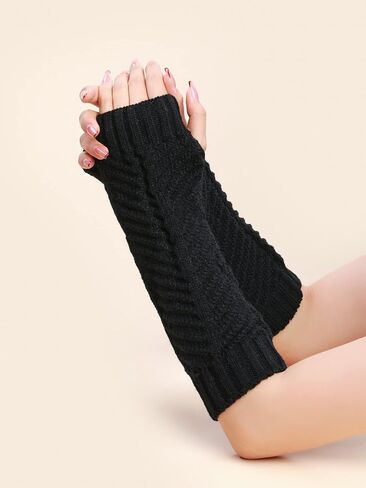 QUUPY 1 Pair Women Fingerless Thumbhole Gloves Knitted Warm Mittens Crochet Half Elbow Stretchy Arm Warmer White 30cm/11.8inch in Saudi Arabia