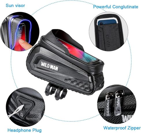 WILD MAN حقيبة هاتف للدراجة، حقيبة للدراجة، حقيبة أنبوبية علوية، حقيبة للهاتف الأمامي للدراجة، ملحقات الدراجة، حقيبة هاتف مقاومة للماء EVA، حقائب مقود علوية مناسبة لـ 6.8 بوصة (أسود) in Kuwait
