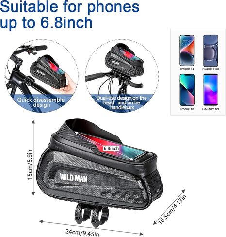 WILD MAN حقيبة هاتف للدراجة، حقيبة للدراجة، حقيبة أنبوبية علوية، حقيبة للهاتف الأمامي للدراجة، ملحقات الدراجة، حقيبة هاتف مقاومة للماء EVA، حقائب مقود علوية مناسبة لـ 6.8 بوصة (أسود) in Kuwait