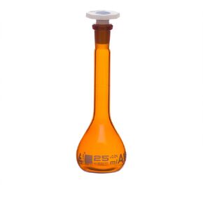 Volumetric Flask, 25ml - Class A - 10/19 Polypropylene Stopper, Borosilicate Glass, Amber - White Graduation Mark, Tolerance ±0.040 ml - Eisco Labs in Kuwait