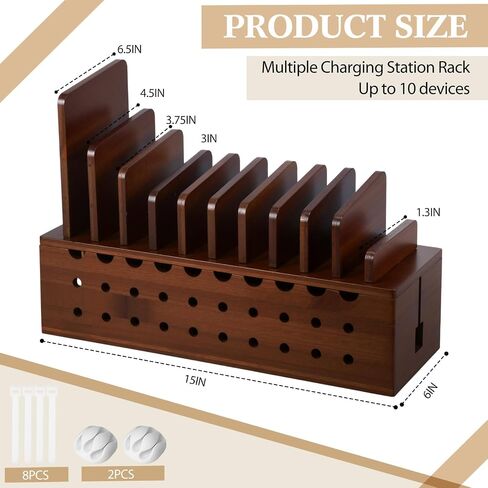 Bamboo Charging Station for Multiple Devices, Cell Phone Docking Charging Station Organizer and Cord Organizer for 10 Devices for Power Strip Storage, Phones and Tablets(Brown) in Saudi Arabia