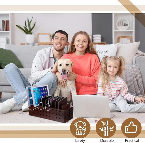 Bamboo Charging Station for Multiple Devices, Cell Phone Docking Charging Station Organizer and Cord Organizer for 10 Devices for Power Strip Storage, Phones and Tablets(Brown) in Saudi Arabia