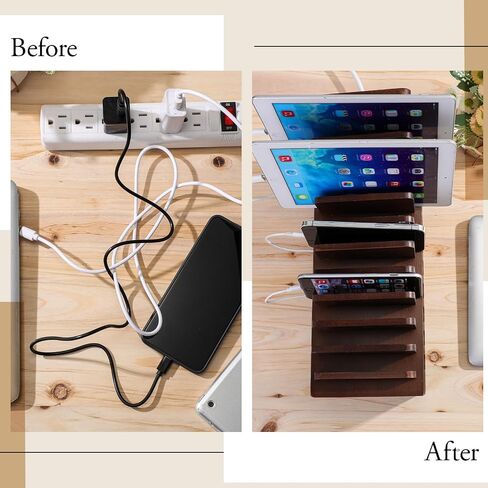 Bamboo Charging Station for Multiple Devices, Cell Phone Docking Charging Station Organizer and Cord Organizer for 10 Devices for Power Strip Storage, Phones and Tablets(Brown) in Saudi Arabia