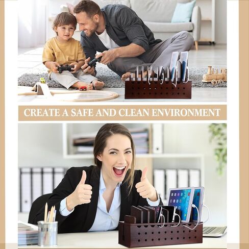 Bamboo Charging Station for Multiple Devices, Cell Phone Docking Charging Station Organizer and Cord Organizer for 10 Devices for Power Strip Storage, Phones and Tablets(Brown) in Saudi Arabia