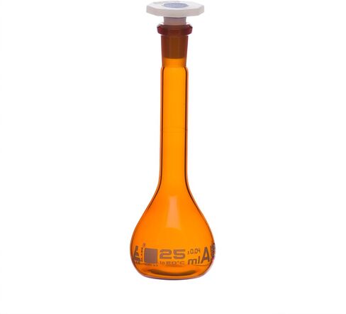 Volumetric Flask, 25ml - Class A - 10/19 Polypropylene Stopper, Borosilicate Glass, Amber - White Graduation Mark, Tolerance ±0.040 ml - Eisco Labs in Kuwait