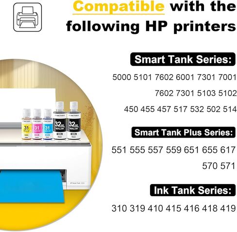 31 32xl Ink Bottle Set Compatible for HP Smart Tank 7602 651 5000 6001 5101 7301 5103 7001 7302 5102 551 Printers (2BK CMY) in Kuwait