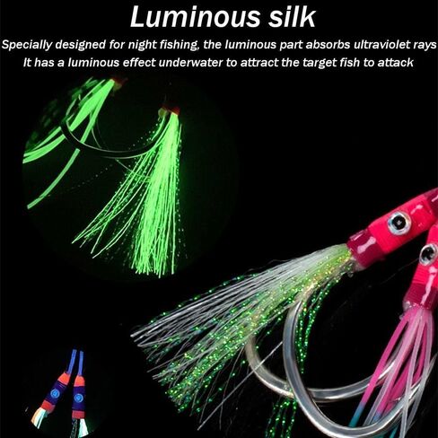 Jig Fishhooks Double Eyes with Glow Rubber Skirts Fish Tackle Angling Supplies Jigging Hook 1Pairs in Saudi Arabia