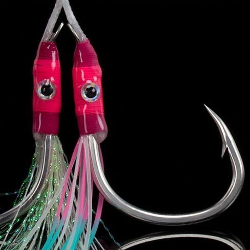 Jig Fishhooks Double Eyes with Glow Rubber Skirts Fish Tackle Angling Supplies Jigging Hook 1Pairs in Saudi Arabia