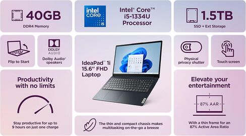 Lenovo IdeaPad 15.6" FHD IPS Touchscreen Laptop, Business AI Computer, Intel Core i5-1335U (10-Core Upto 4.6 GHz), 40GB RAM, 1.5TB Storage (1TB SSD+500GB Ext), MarxsolAccs, Win 11 Pro, Lifetime Office in Saudi Arabia