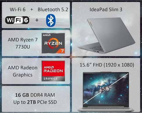 Lenovo IdeaPad Slim 3 15.6 Laptop | 2025/2026 Edition | AMD Ryzen 7 7730U (Beats Intel Ultra 7 255U) | FHD Screen (1920 x 1080) | 16GB RAM | 512GB PCIe SSD | WiFi-6 | Ethernet RJ-45 | Windows 11 in Saudi Arabia