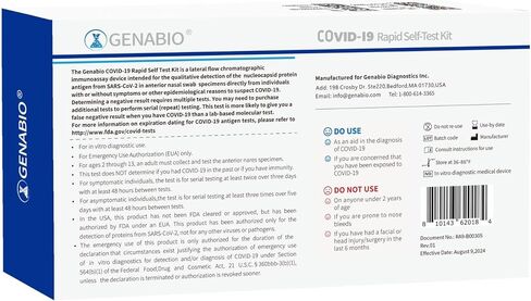 مجموعة الاختبار الذاتي السريع Genabio COVID-19، نتائج 15 دقيقة، مسحة أنف قصيرة غير جراحية، مؤهلة للتعويض عن HSA/FSA (3672 عبوة، 7344 اختبارًا إجماليًا) in Kuwait