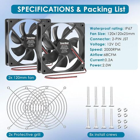 2-Pack IP67 Waterproof 120mm PC Fan, 2000RPM Dual Ball 12V 2PIN Computer Case Fan for RV fridges Greenhouse Grow Tent Cabinet DIY Cooling Ventilation Exhaust Projects in Saudi Arabia