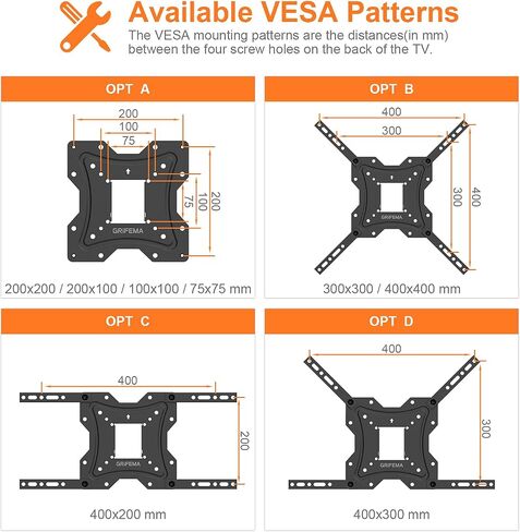 GRIFEMA GB1004 TV Wall Bracket for Most 26 to 55 Inches Flat & Curved TV Screens, Swivels Tilts Extends TV Wall Mount with VESA 75x75MM to 400X400MM Weight Capatity 30KG in Saudi Arabia