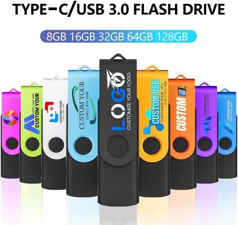 محرك أقراص فلاش USB 3.0 من النوع C سعة 8 جيجابايت 100 قطعة، محرك أقراص USB C دوار 2 في 1 مخصص للهاتف والكمبيوتر الشخصي، محفور/مطبوع شعارك والنص على أعواد الذاكرة بالجملة للشركة/المدرسة in Kuwait