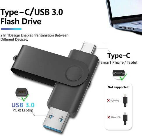 محرك أقراص فلاش USB 3.0 من النوع C سعة 8 جيجابايت 100 قطعة، محرك أقراص USB C دوار 2 في 1 مخصص للهاتف والكمبيوتر الشخصي، محفور/مطبوع شعارك والنص على أعواد الذاكرة بالجملة للشركة/المدرسة in Kuwait