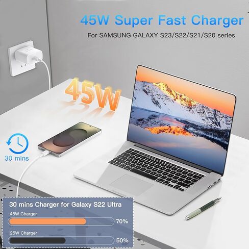 كتلة شاحن فائقة السرعة 45 وات، 2 حزمة شحن سريع من النوع C مع كابل شاحن USB C بطول 6 أقدام متوافق مع Samsung Galaxy S25 24 23 Ultra/+ /S22 Plus/S20، Tab S9/S8 Ultra، iPhone 17/16/15 in Kuwait