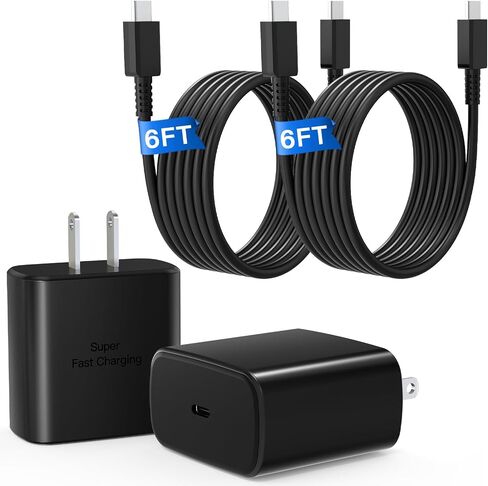 كتلة شاحن فائقة السرعة 45 وات، 2 حزمة شحن سريع من النوع C مع كابل شاحن USB C بطول 6 أقدام متوافق مع Samsung Galaxy S25 24 23 Ultra/+ /S22 Plus/S20، Tab S9/S8 Ultra، iPhone 17/16/15 in Kuwait