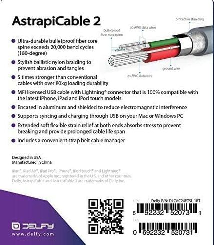 Delfy AstrapiCable 2 / شاحن iPhone 4FT / كابل USB-A إلى Lightning معتمد من Apple MFI / قلب من ألياف الأراميد الحقيقية / اختبار انحناء 20000 / سلك شحن سريع متوافق مع iPhone iPad iPod / فضي in Saudi Arabia