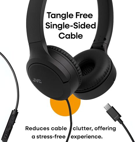 JVC USB-C سماعات رأس سلكية على الأذن مع ميكروفون - مريحة للارتداء طوال اليوم، مكالمات واضحة، صوت غني - قابلة للطي وخفيفة الوزن - كابل أحادي الجانب خالي من التشابك - رائعة للألعاب والعمل من المنزل in Kuwait