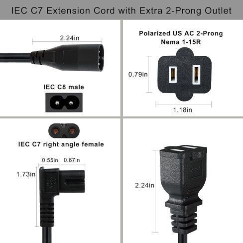 KUNCAN TV Power Splitter Cable - 1-Pack 1FT IEC C8 to C7 and NEMA 1-15R Splitter Extension Cord for Fire Stick, Roku, Chromecast, Apple TV, Google, LED Strip Lights, Samsung LG TCL Hisense HDTV in Kuwait