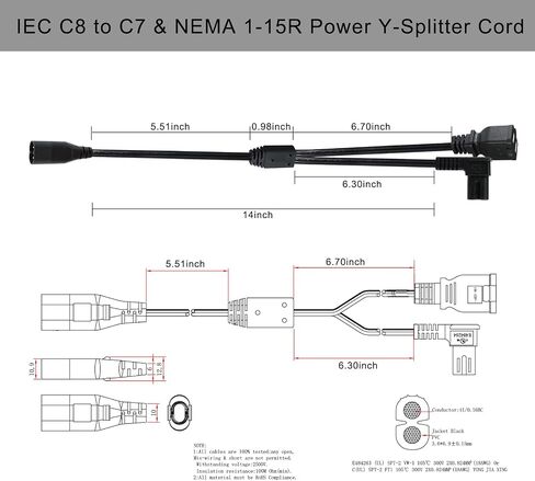 KUNCAN TV Power Splitter Cable - 1-Pack 1FT IEC C8 to C7 and NEMA 1-15R Splitter Extension Cord for Fire Stick, Roku, Chromecast, Apple TV, Google, LED Strip Lights, Samsung LG TCL Hisense HDTV in Kuwait