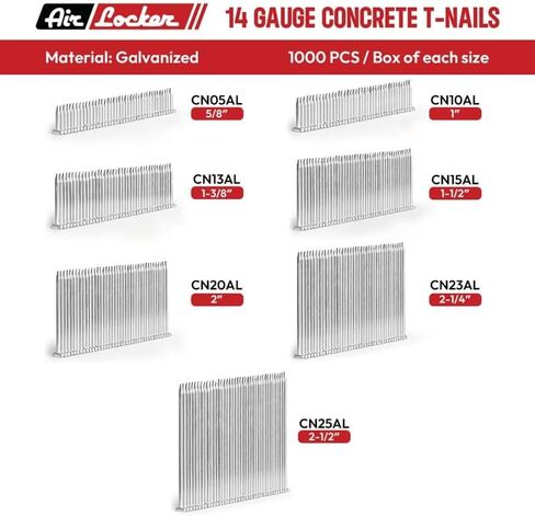 AIR LOCKER CN15AL 14 Gauge Concrete T-Nails for Concrete Nailers 1-1/2" Smooth Shank (1000/Pack) in Kuwait