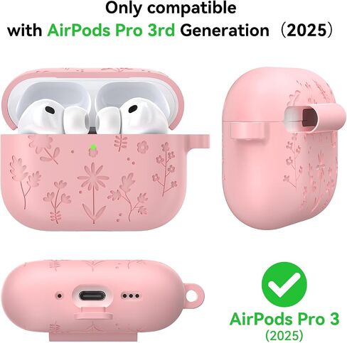 for AirPods Pro 3 Case, Premium Silicone Flower Engraved Cute Protective Case Cover for Airpods Pro 3rd Generation 2025 (Pink, for AirPod Pro 3 Case) in Saudi Arabia