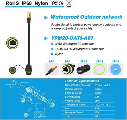 MUSM 1PC RJ45 8p8c Waterproof Connector, RJ45 Male to Female, Panel Mount Type,zinc Alloy Body+PA66 Plastic+Copper Contact 250mm(YPM20-RJ45-C01) in Saudi Arabia