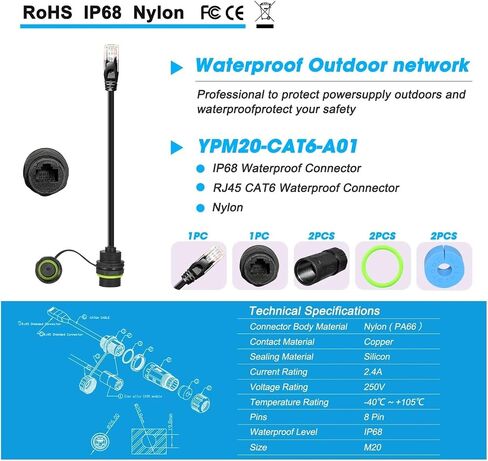 MUSM 1PC RJ45 8p8c Waterproof Connector, RJ45 Male to Female, Panel Mount Type,zinc Alloy Body+PA66 Plastic+Copper Contact 250mm(YPM20-RJ45-C01) in Saudi Arabia
